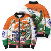 India Proud Free Fearless Bomber Puffer Jacket Bengal Tiger Military Soldier Jets Art