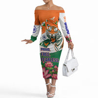 India Proud Free Fearless Off The Shoulder Long Sleeve Dress Bengal Tiger Military Soldier Jets Art