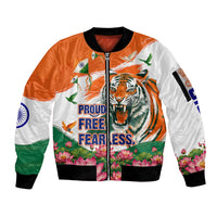 India Proud Free Fearless Sleeve Zip Bomber Jacket Bengal Tiger Military Soldier Jets Art