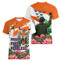 India Proud Free Fearless Women V-Neck T-Shirt Bengal Tiger Military Soldier Jets Art