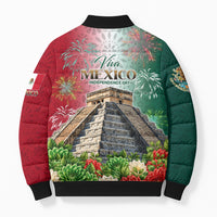 Viva Mexico Independence Day Bomber Puffer Jacket Sombrero Jaguar Mayan Pyramid Fireworks