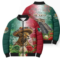 Viva Mexico Independence Day Bomber Puffer Jacket Sombrero Jaguar Mayan Pyramid Fireworks