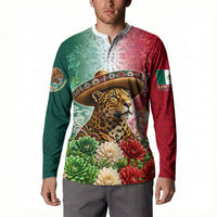 Viva Mexico Independence Day Button Sweatshirt Sombrero Jaguar Mayan Pyramid Fireworks