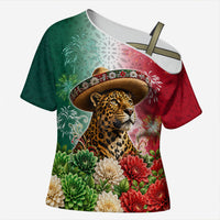 Viva Mexico Independence Day Cross Shoulder Shirt Sombrero Jaguar Mayan Pyramid Fireworks