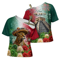 Viva Mexico Independence Day Cross Shoulder Shirt Sombrero Jaguar Mayan Pyramid Fireworks