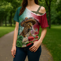 Viva Mexico Independence Day Cross Shoulder Shirt Sombrero Jaguar Mayan Pyramid Fireworks