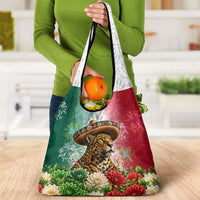 Viva Mexico Independence Day Grocery Bag Sombrero Jaguar Mayan Pyramid Fireworks