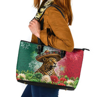 Viva Mexico Independence Day Leather Tote Bag Sombrero Jaguar Mayan Pyramid Fireworks