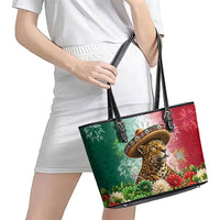 Viva Mexico Independence Day Leather Tote Bag Sombrero Jaguar Mayan Pyramid Fireworks
