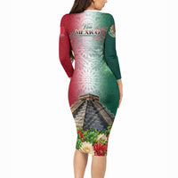 Viva Mexico Independence Day Long Sleeve Bodycon Dress Sombrero Jaguar Mayan Pyramid Fireworks