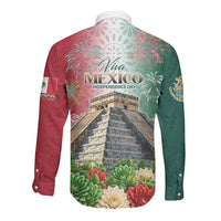 Viva Mexico Independence Day Long Sleeve Button Shirt Sombrero Jaguar Mayan Pyramid Fireworks