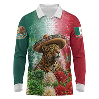 Viva Mexico Independence Day Long Sleeve Polo Shirt Sombrero Jaguar Mayan Pyramid Fireworks