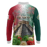 Viva Mexico Independence Day Long Sleeve Polo Shirt Sombrero Jaguar Mayan Pyramid Fireworks