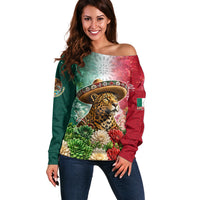 Viva Mexico Independence Day Off Shoulder Sweater Sombrero Jaguar Mayan Pyramid Fireworks