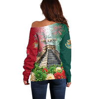 Viva Mexico Independence Day Off Shoulder Sweater Sombrero Jaguar Mayan Pyramid Fireworks
