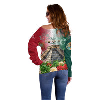 Viva Mexico Independence Day Off Shoulder Sweater Sombrero Jaguar Mayan Pyramid Fireworks