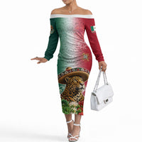 Viva Mexico Independence Day Off The Shoulder Long Sleeve Dress Sombrero Jaguar Mayan Pyramid Fireworks