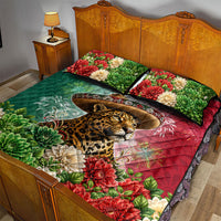 Viva Mexico Independence Day Quilt Bed Set Sombrero Jaguar Mayan Pyramid Fireworks