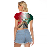 Viva Mexico Independence Day Raglan Cropped T Shirt Sombrero Jaguar Mayan Pyramid Fireworks