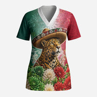 Viva Mexico Independence Day Scrub Top Sombrero Jaguar Mayan Pyramid Fireworks