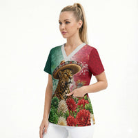 Viva Mexico Independence Day Scrub Top Sombrero Jaguar Mayan Pyramid Fireworks