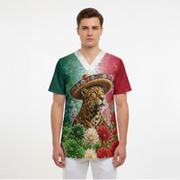 Viva Mexico Independence Day Scrub Top Sombrero Jaguar Mayan Pyramid Fireworks