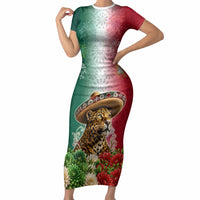 Viva Mexico Independence Day Short Sleeve Bodycon Dress Sombrero Jaguar Mayan Pyramid Fireworks