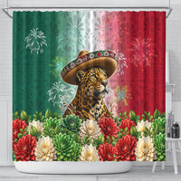 Viva Mexico Independence Day Shower Curtain Sombrero Jaguar Mayan Pyramid Fireworks