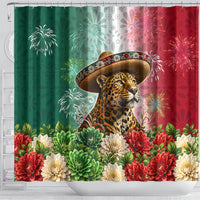 Viva Mexico Independence Day Shower Curtain Sombrero Jaguar Mayan Pyramid Fireworks