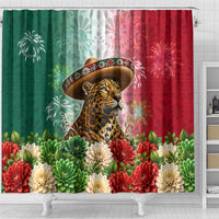 Viva Mexico Independence Day Shower Curtain Sombrero Jaguar Mayan Pyramid Fireworks