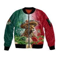 Viva Mexico Independence Day Sleeve Zip Bomber Jacket Sombrero Jaguar Mayan Pyramid Fireworks
