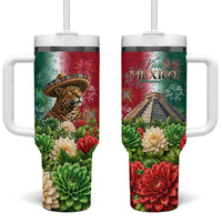 Viva Mexico Independence Day Tumbler With Handle Sombrero Jaguar Mayan Pyramid Fireworks