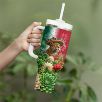 Viva Mexico Independence Day Tumbler With Handle Sombrero Jaguar Mayan Pyramid Fireworks