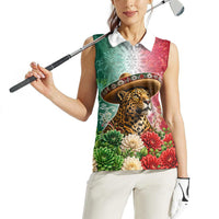 Viva Mexico Independence Day Women Sleeveless Polo Shirt Sombrero Jaguar Mayan Pyramid Fireworks