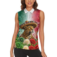 Viva Mexico Independence Day Women Sleeveless Polo Shirt Sombrero Jaguar Mayan Pyramid Fireworks