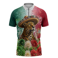 Viva Mexico Independence Day Zipper Polo Shirt Sombrero Jaguar Mayan Pyramid Fireworks