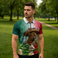 Viva Mexico Independence Day Zipper Polo Shirt Sombrero Jaguar Mayan Pyramid Fireworks