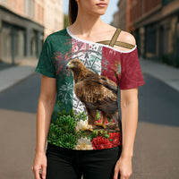 Viva Mexico Independence Day Cross Shoulder Shirt Golden Eagle Angel Aztec Pattern