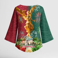 Viva Mexico Independence Day Kimono Sleeve Blouse Golden Eagle Angel Aztec Pattern