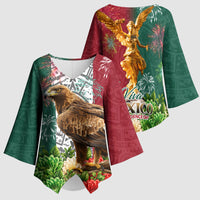 Viva Mexico Independence Day Kimono Sleeve Blouse Golden Eagle Angel Aztec Pattern