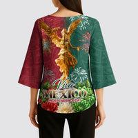 Viva Mexico Independence Day Kimono Sleeve Blouse Golden Eagle Angel Aztec Pattern