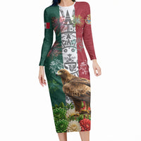Viva Mexico Independence Day Long Sleeve Bodycon Dress Golden Eagle Angel Aztec Pattern