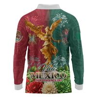 Viva Mexico Independence Day Long Sleeve Polo Shirt Golden Eagle Angel Aztec Pattern