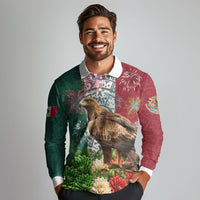 Viva Mexico Independence Day Long Sleeve Polo Shirt Golden Eagle Angel Aztec Pattern