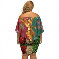 Viva Mexico Independence Day Off Shoulder Short Dress Golden Eagle Angel Aztec Pattern