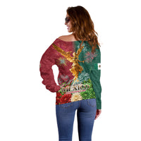 Viva Mexico Independence Day Off Shoulder Sweater Golden Eagle Angel Aztec Pattern