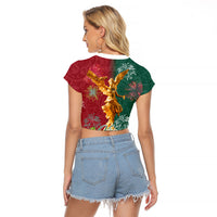 Viva Mexico Independence Day Raglan Cropped T Shirt Golden Eagle Angel Aztec Pattern