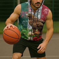 Viva Mexico Independence Day Sleeveless Zip Hoodie Golden Eagle Angel Aztec Pattern