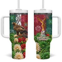 Viva Mexico Independence Day Tumbler With Handle Golden Eagle Angel Aztec Pattern