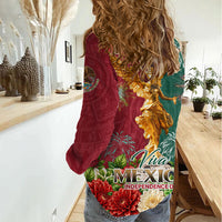 Viva Mexico Independence Day Women Casual Shirt Golden Eagle Angel Aztec Pattern